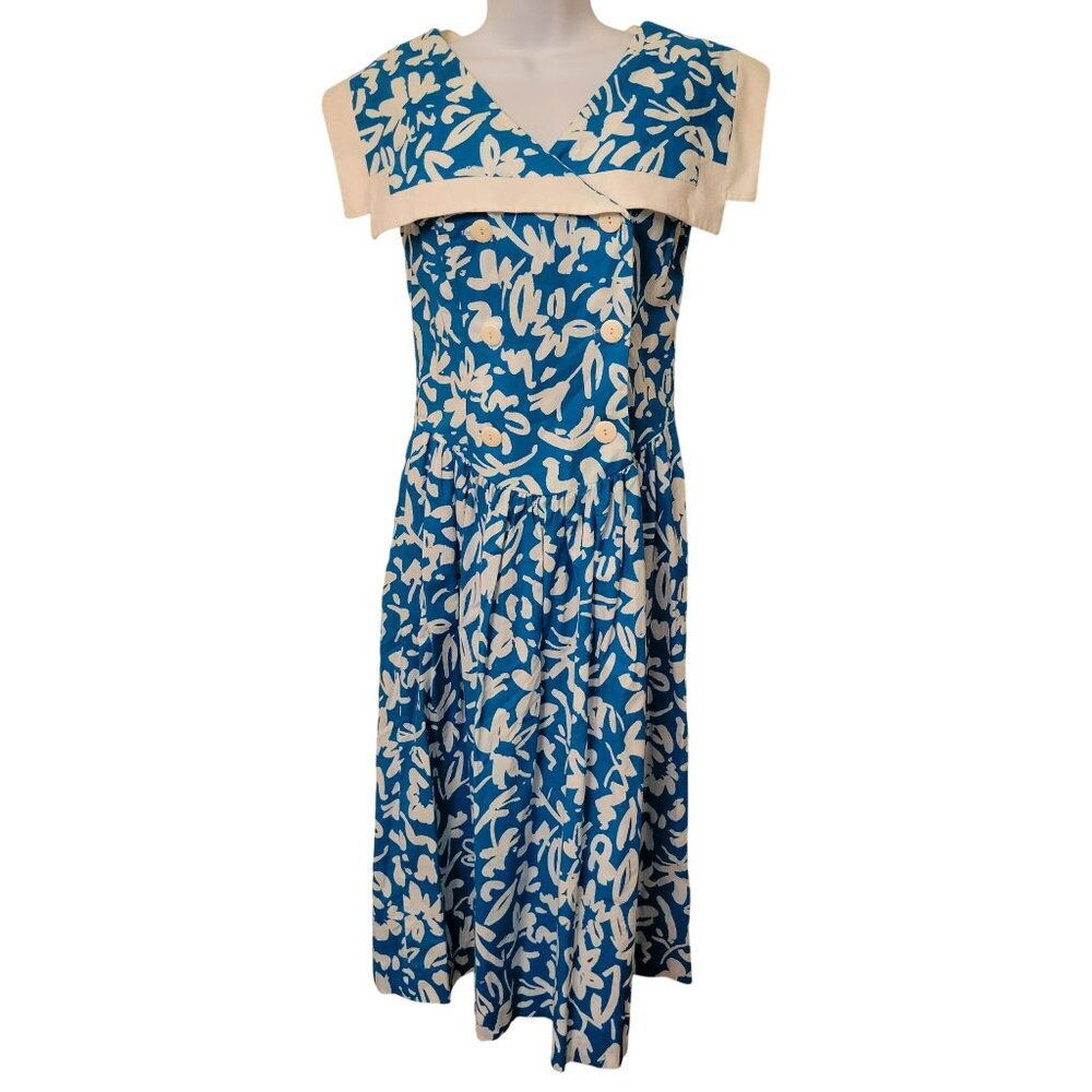 Vintage 1980s V. Fox Blue White Floral Dress 8 Collar Open Cross Back Design Sle